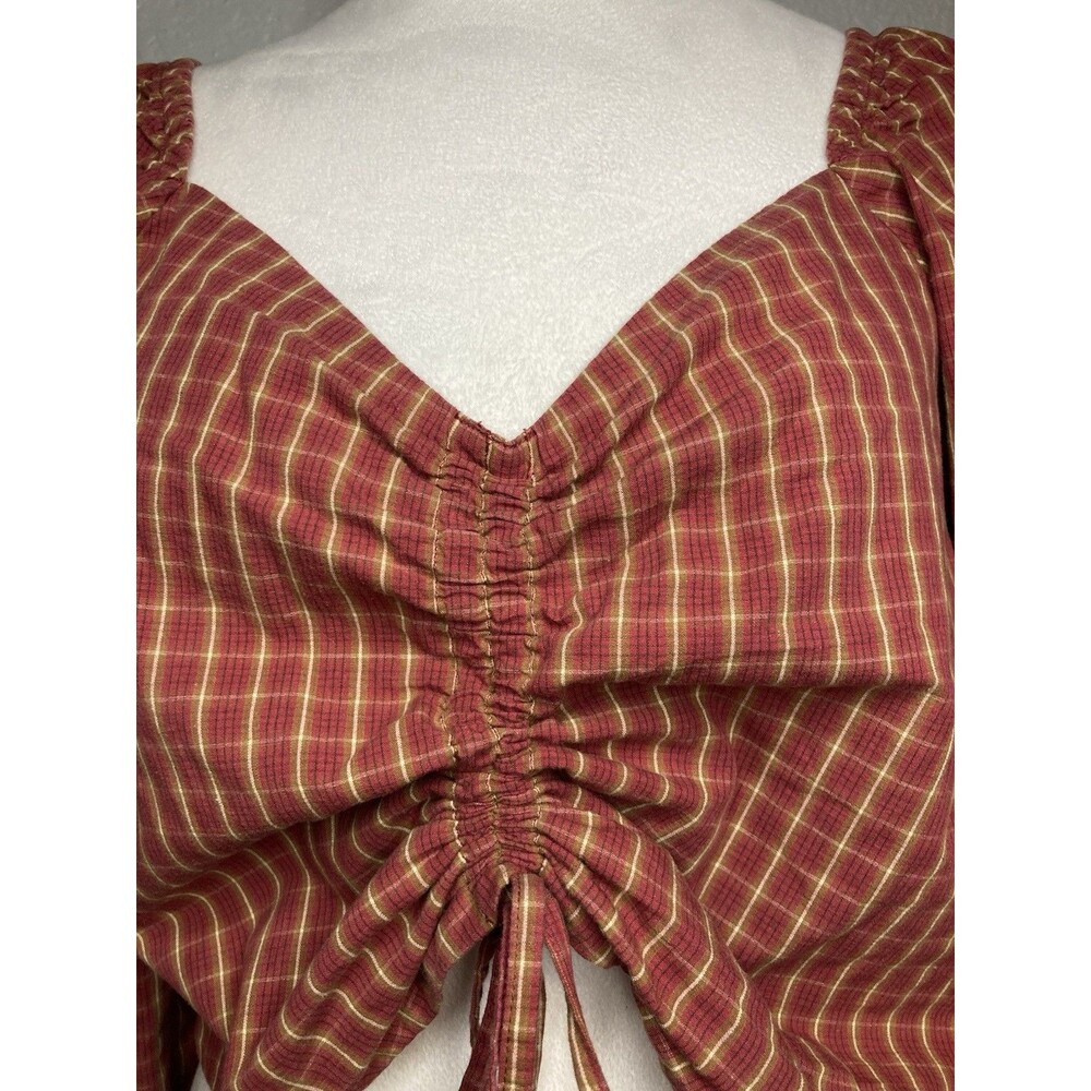 Levis Crop Top Blouse XL Red Cotton Plaid Puff Sleeve Smocked Milkmaid Boho Y2K - Picture 3 of 11